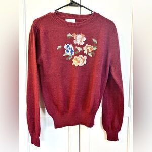 Vintage Maroon Sweater M Floral Cross Stitch Needlepoint Pleated Puff Sleeve
